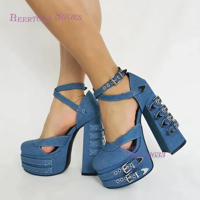 

Metal Strap Denim Blue Patchwork Belt Buckle Platform Woman Chunky Heels Spring Pleated Round Lolita Elegant Shoes Dress Fashion