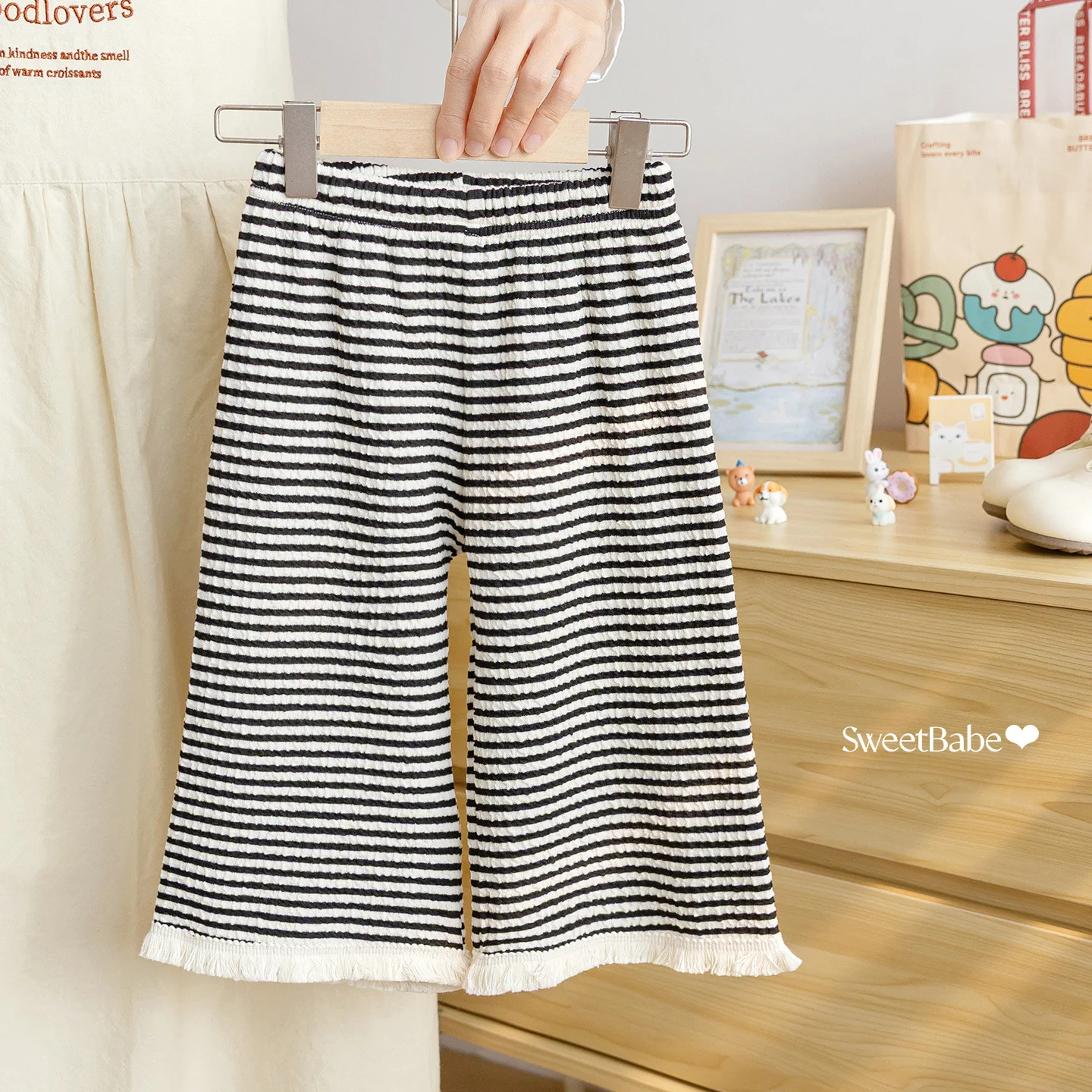 Pants Girls Autumn Fashion Striped Fringe Lace Loose Casual Pants Versatile Western Style Black and White Striped Color Scheme