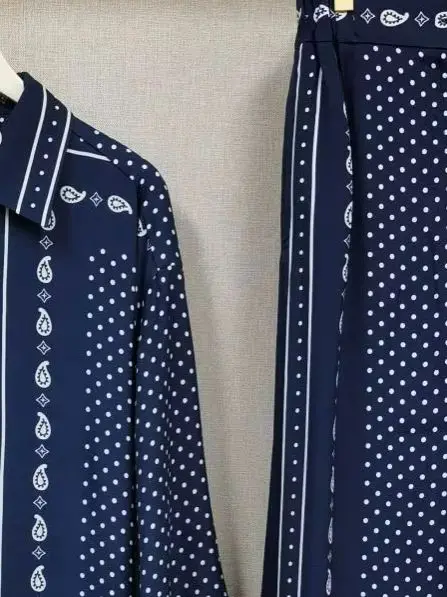 

Spring/Summer Women Paisley Print Polka Dot Set Long Sleeve Single Breasted Shirt + Loose High Waist Ethnic Wide Leg Pants