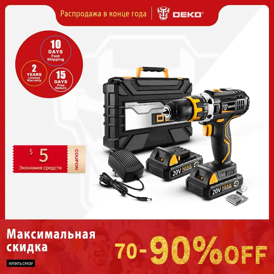 DEKO 20V Cordless Drill Electric Wireless Screwdriver 1.5Ah Li-ion Battery 1/2