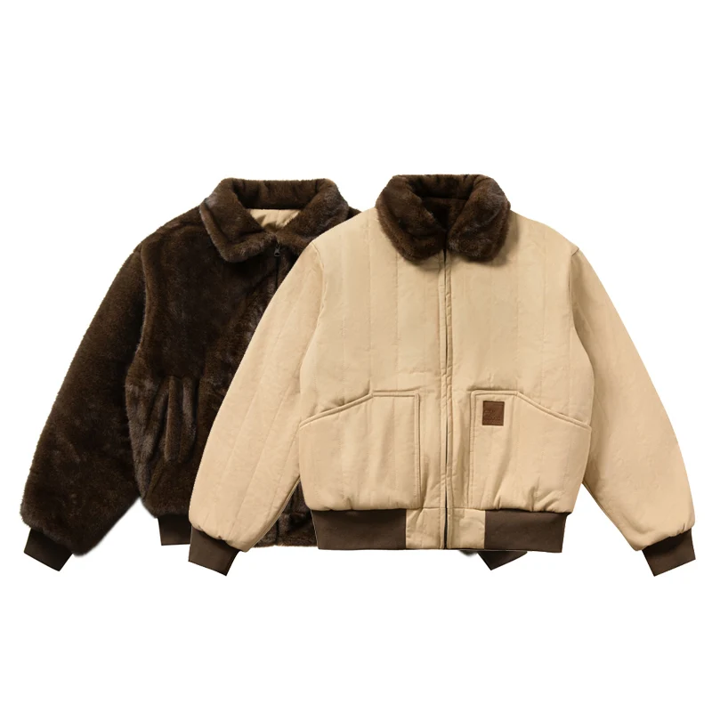 

Winter Double Sided Wearable Faux Fur Washed Cotton Warm Cargo Jacket Men Women Streetwear Short Bomber Jacket Couple Coat