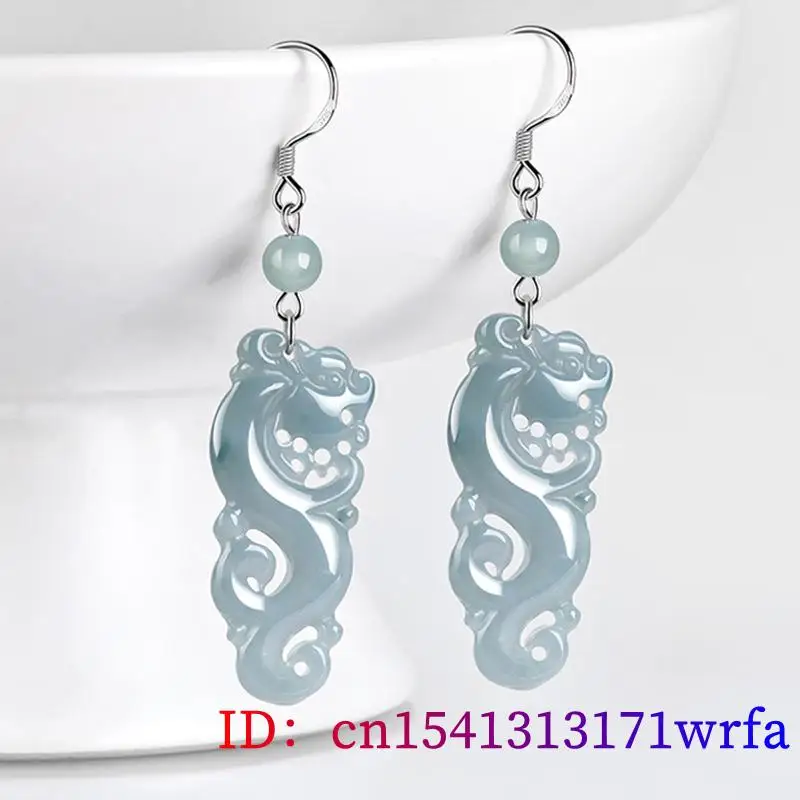 Blue Burmese Jadeite Dragon Earrings 925 Silver Gift Fashion Talismans Natural Jewelry Energy Gifts for Women Real Myanmar Jade