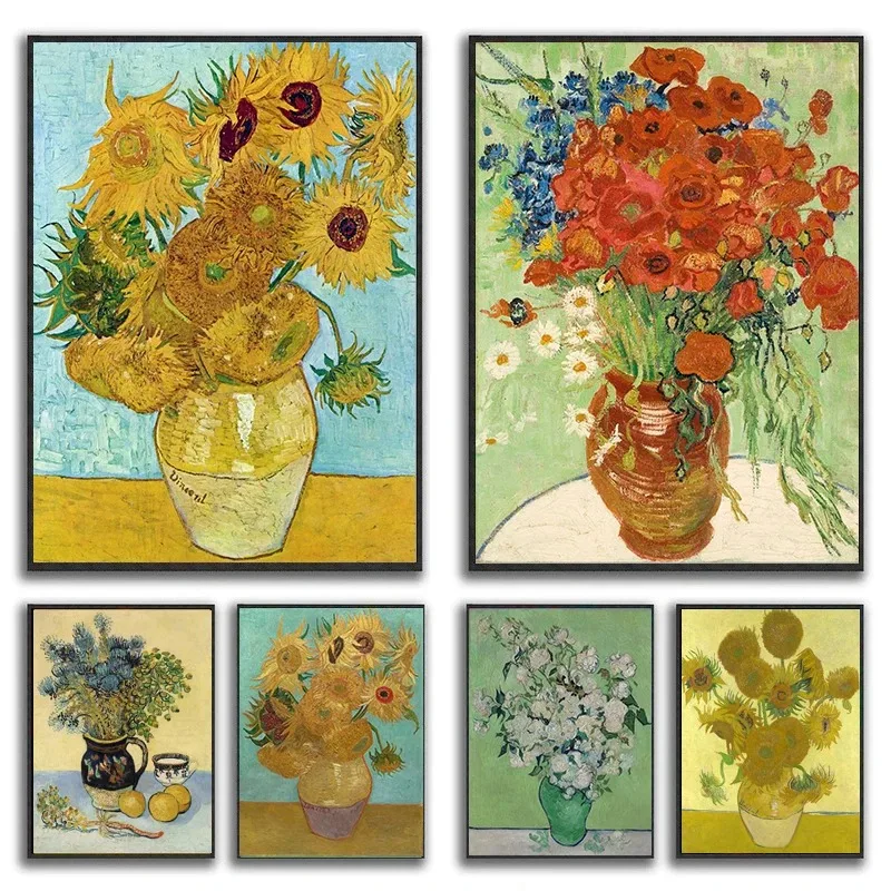 Classic Vincent Van Gogh Artwork Sunflower Poster Floral Vase Canvas Oil Painting Wall Art Pictures Modern Home Room Decor