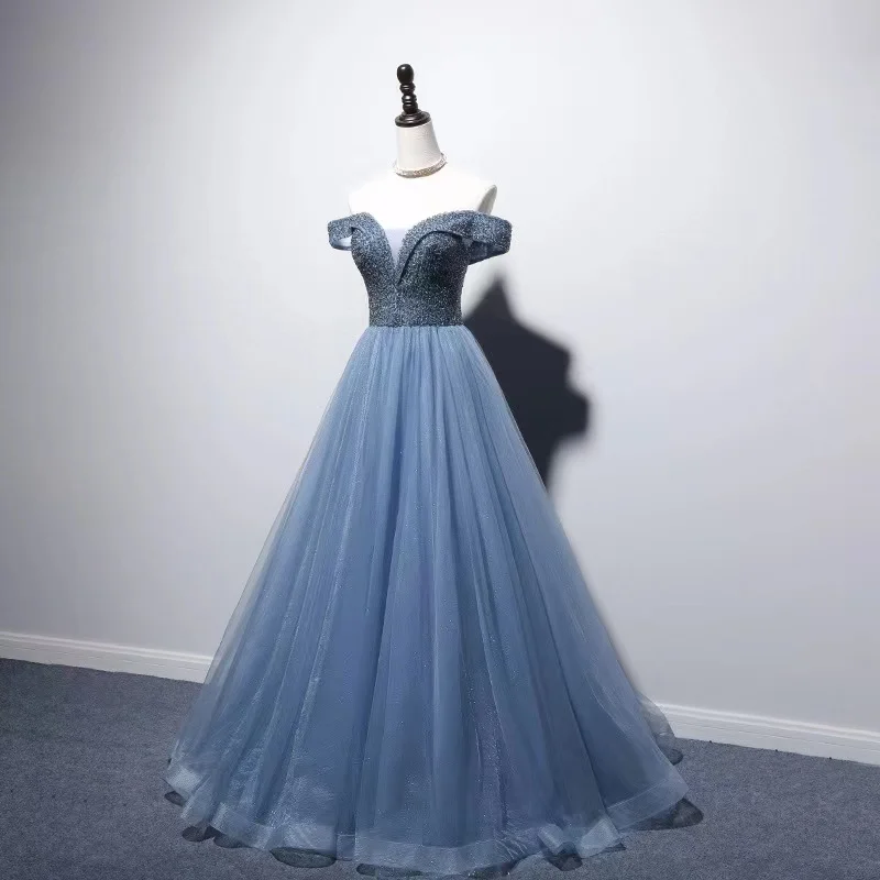 Palace Blue-vestidos de baile de graduación con hombros descubiertos, línea A, lujo, cuentas brillantes, tul con cordones en la espalda, vestido de noche para dama de honor, nuevo