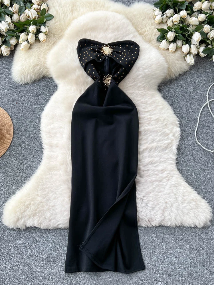 Acoria estiva in metallo impreziosita design scavato Bellissimo desiderio puro Abito lungo sexy con spalline da donna Gonna a trapezio