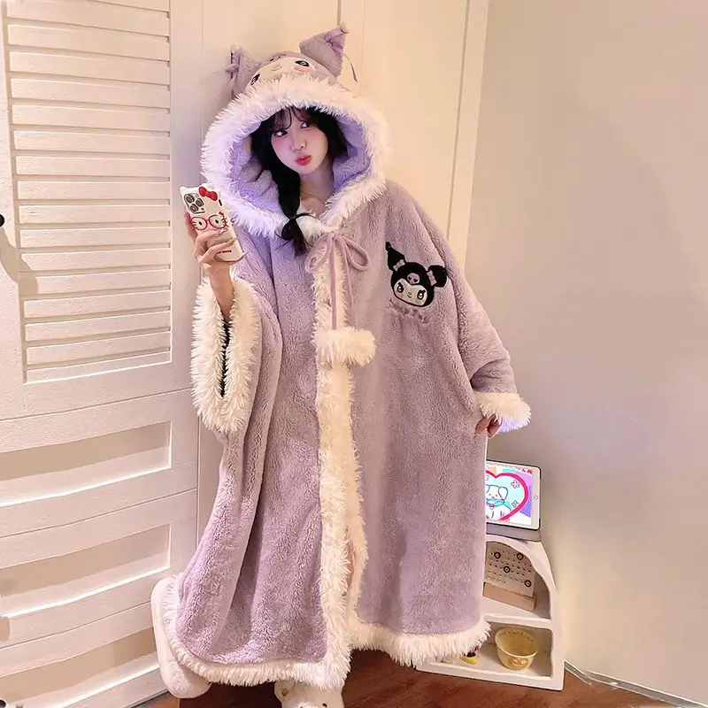 

Anime Hello Kitty Kuromi Coral Fleece Hooded Nightgown Kawaii Thickened Warm and Comfortable Cloak Home Clothes Holiday Gift
