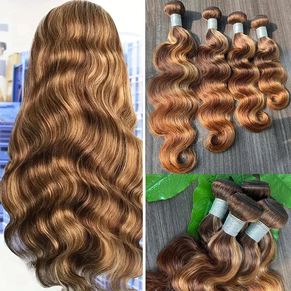 P4/27 Highlight Ombre Body Wave Bundles Human Hair Colored Highlight Ombre Unprocessed Brazilian Colored Body Wave Real Raw Human Hair Extensions 3 4 Bundle 28 30Inch Remy Honey Blonde Bundles Weave Extensions 10-30 inches Brown Hair Weave Extensions