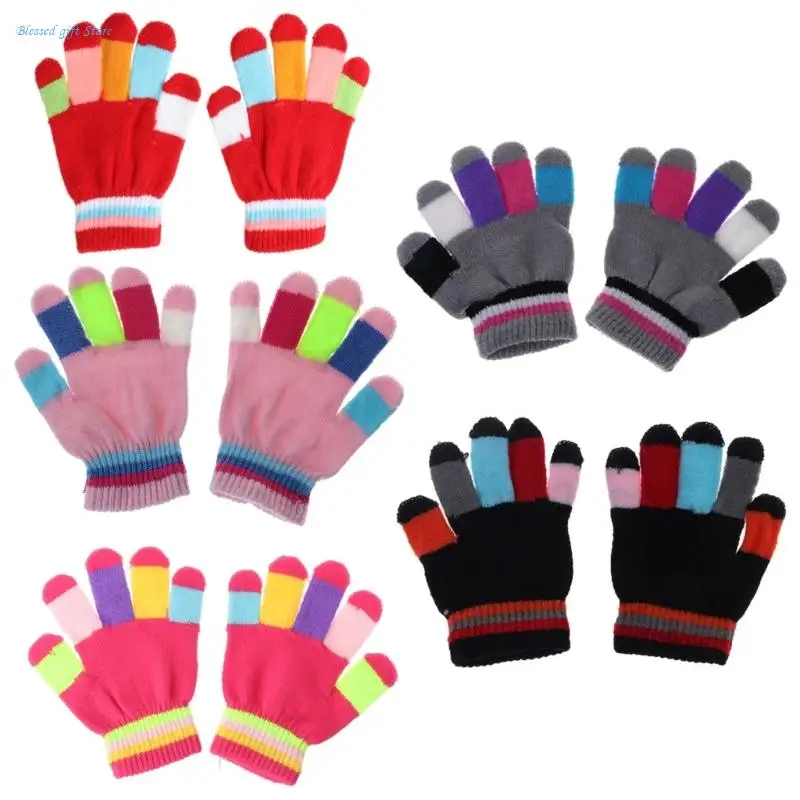 1 Pair Kids Gloves Full Finger Warm Winter Children Colorful Stripe Knitted Boys Girls Solid Glove Multi Color