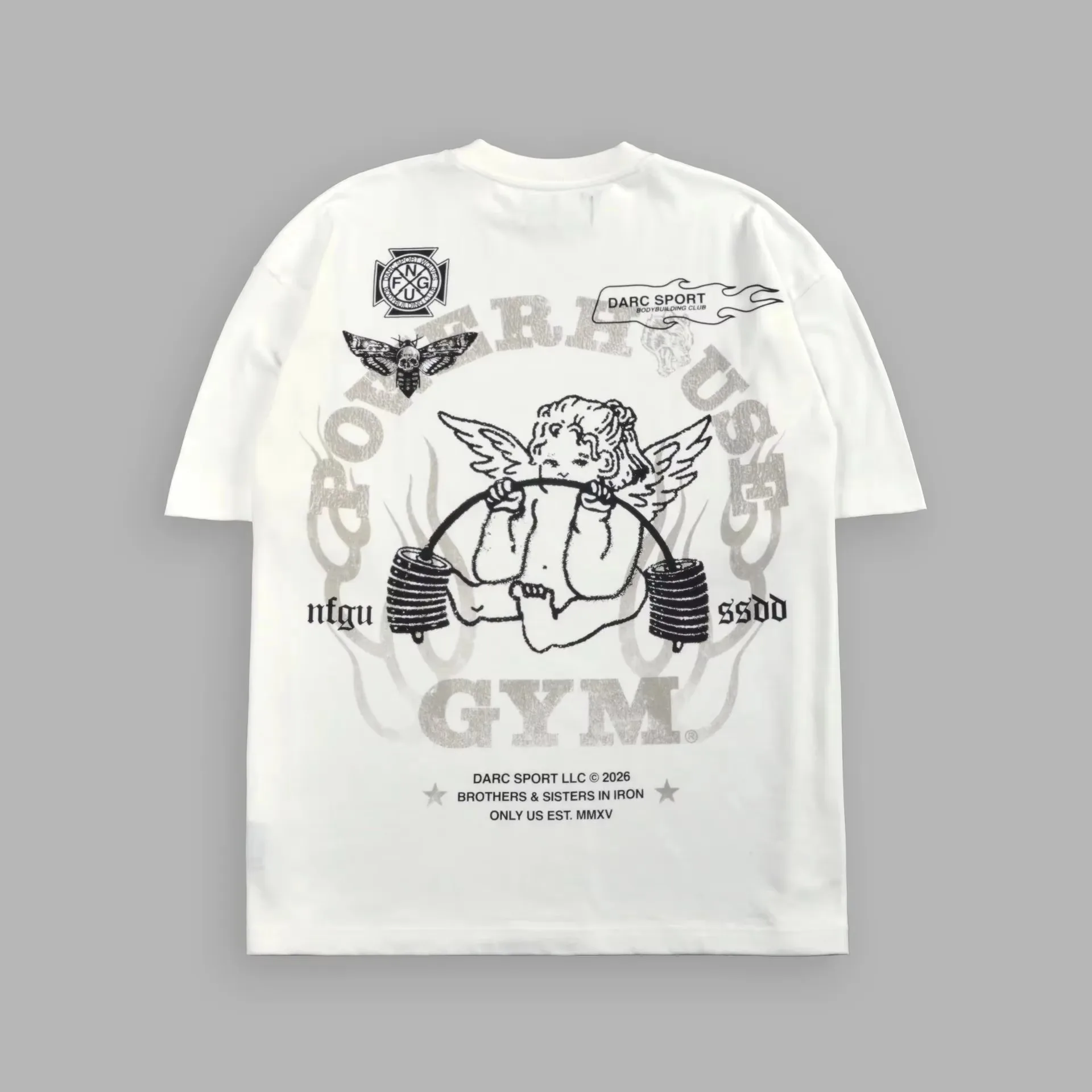 2026 Men Gym Angel Graphic T Shirt Back Print Crew Neck Short Sleeve Tees Black Oversized Streetwear Cotton Tops