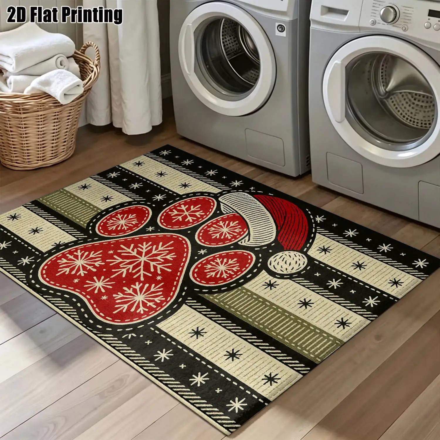 1Pc 2D Printed Retro Red Snowflake Pattern Carpet, Multi-Size Machine-Washable Nordic Geometric Floor Mat for Entrance, Dining, Foyer, Living Room Home Decor
