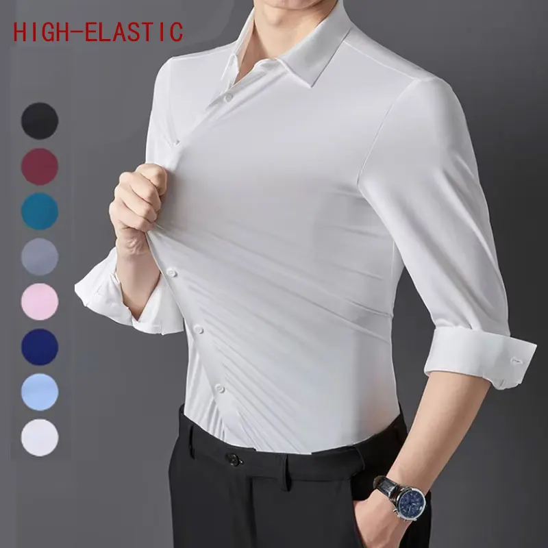Camisa de manga corta para hombre, de alta elasticidad licra, negocios, seda formal, color sólido, sin costuras, antiarrugas, informal, primavera y