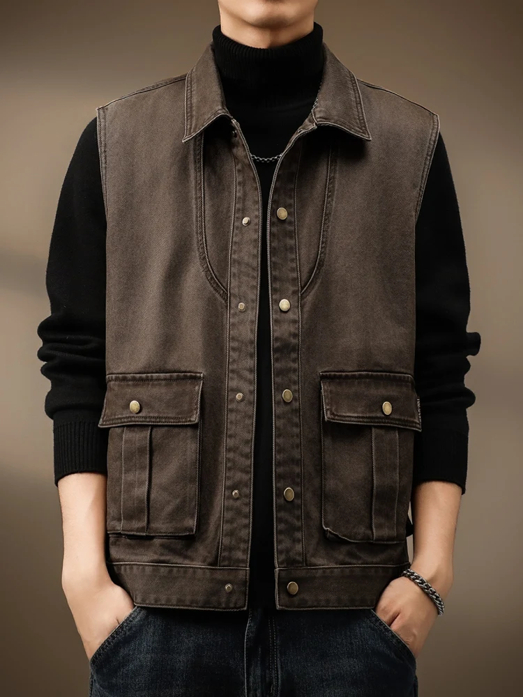 

American Sle Collarl Svel Vest Men's Spring New Trendy Outdoor Loose Casual Retro Workwear Jaet Youth Summer