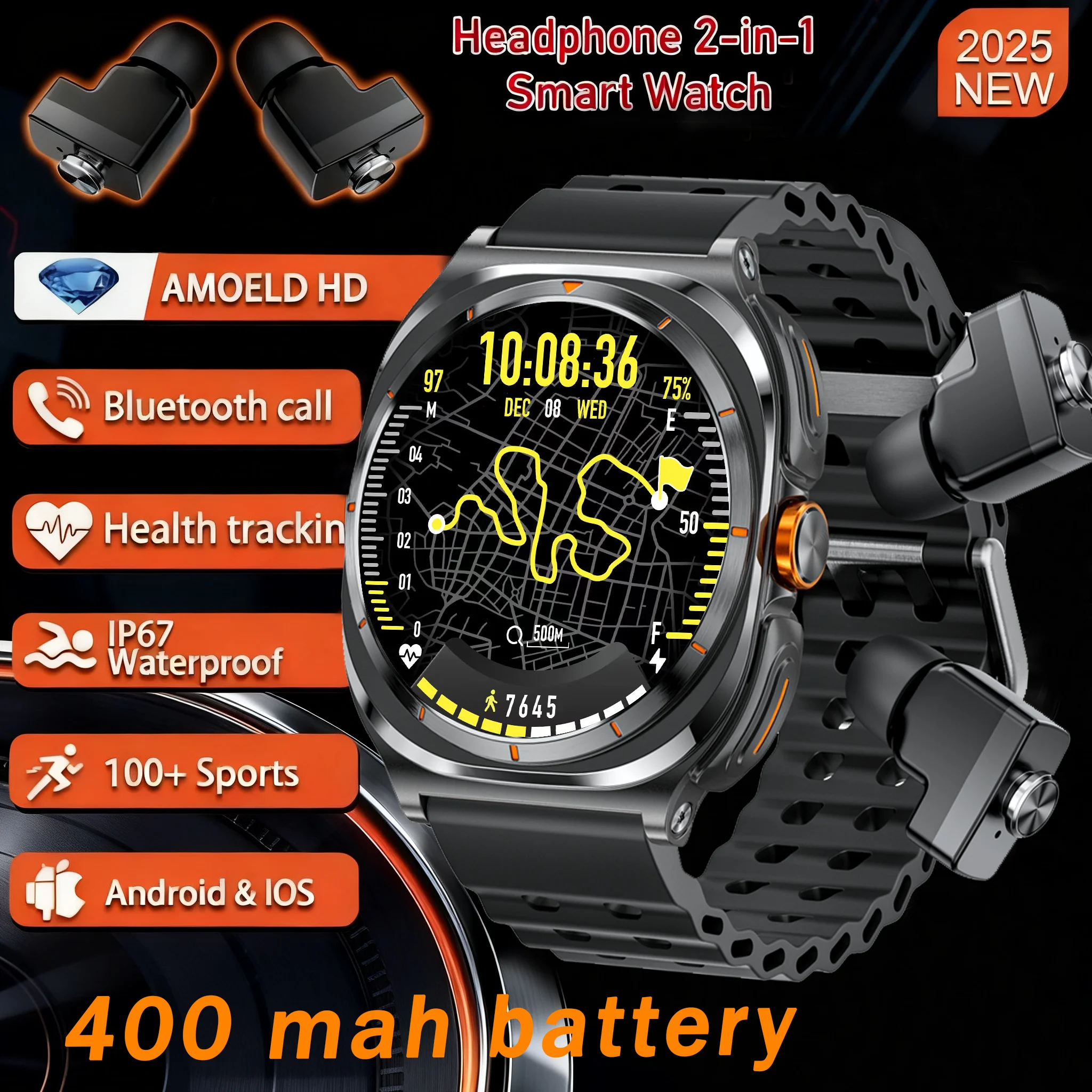 

2025 New Smartwatch 2 In1 Headset Features Bt Call Health Detection, Ip67 Water Resistance, Gps Positioning, Sports Mode Watch