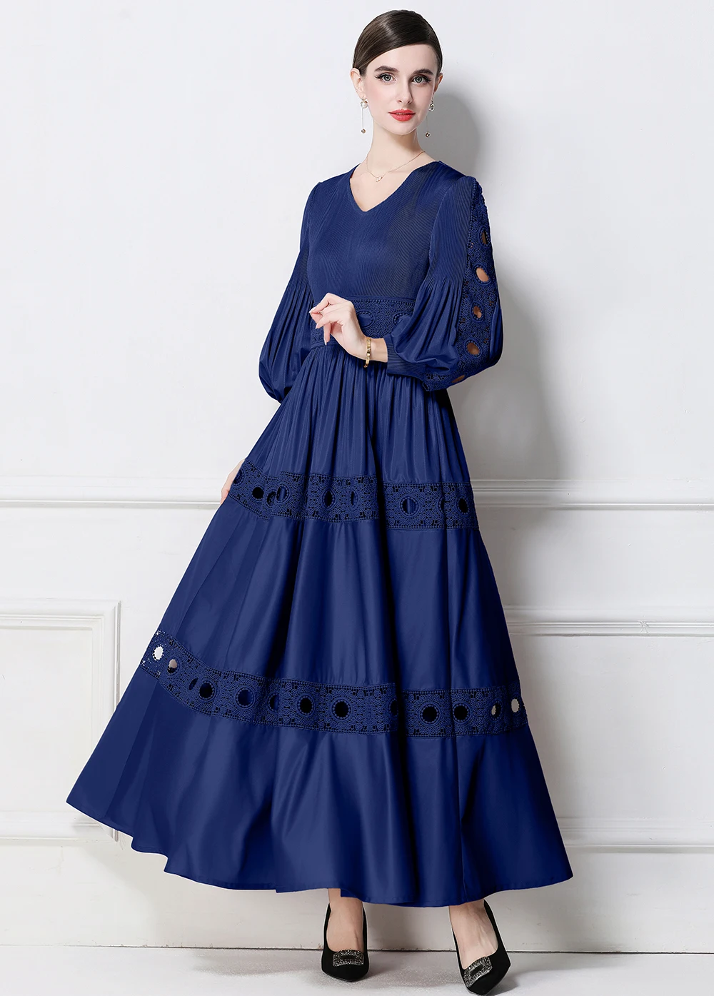 Abito lungo lungo autunnale stile Miyake - Abito da cocktail stile principessa in pizzo francese elegante a mezza manica in vita snellente