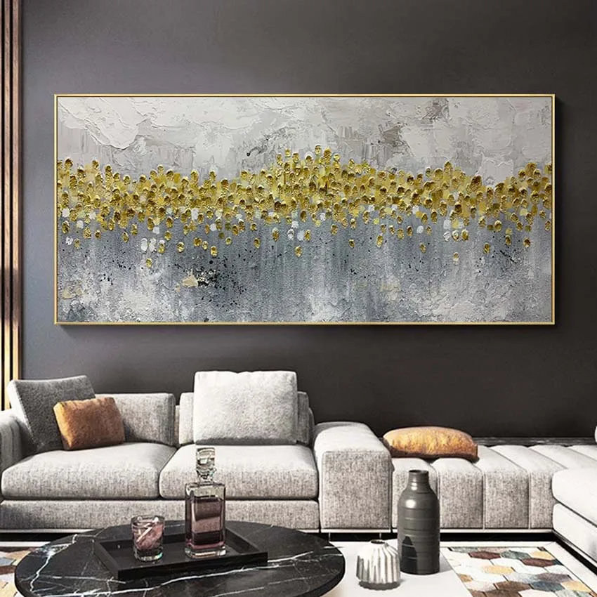 Nordic Luxury Home Wall Decoration, Oil Painting, Handmade Abstract Gold Foil Canvas, Mural with Textured Aesthetics For Bedroom