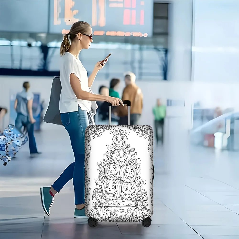 1PC Halloween Pumpkin Print Luggage Cover with manual doodle color. Fits luggage sizes 18-32 inches; dust and elastic travel acc