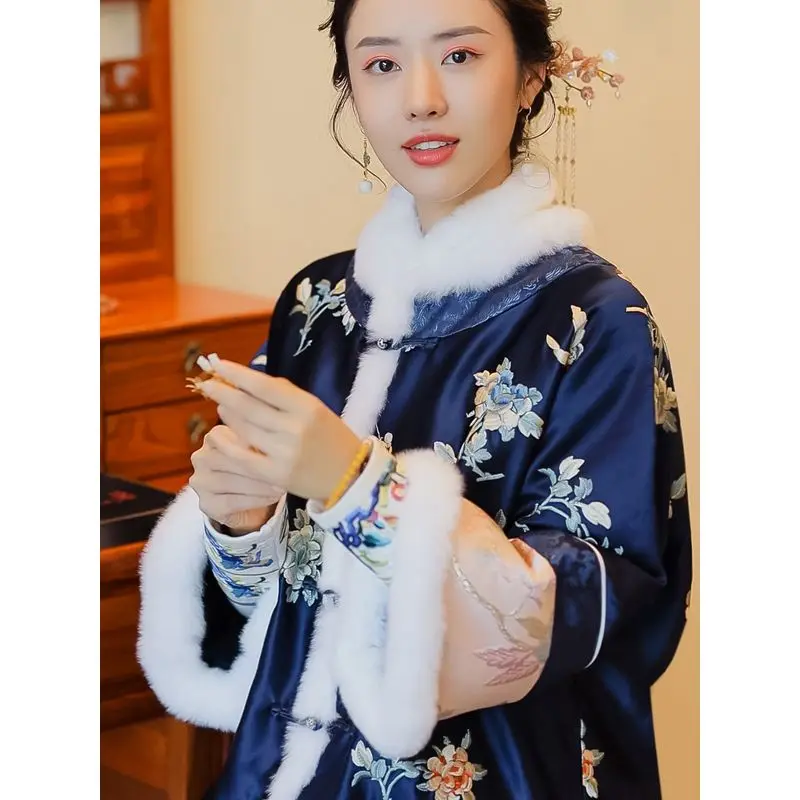 

Ancient Chinese Retro Navy Wool Collar Cotton Thickened Coat for Women 2023 Republic of China Slim Fit Warm Top Outfits