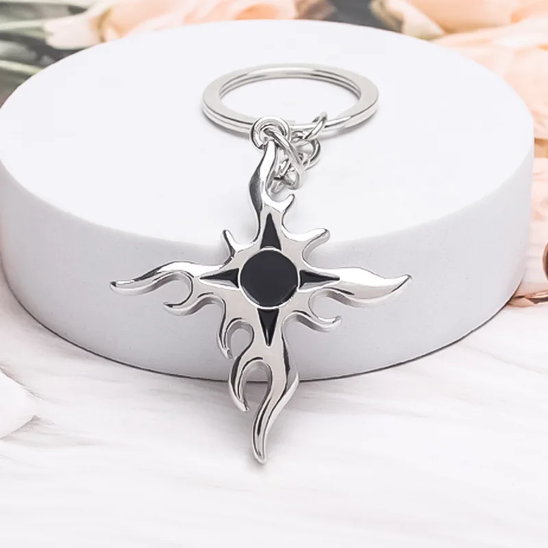 Fashionable, personalized, creative, retro, niche, sun flame, cross keychain, men's and women's couple hanging accessories
