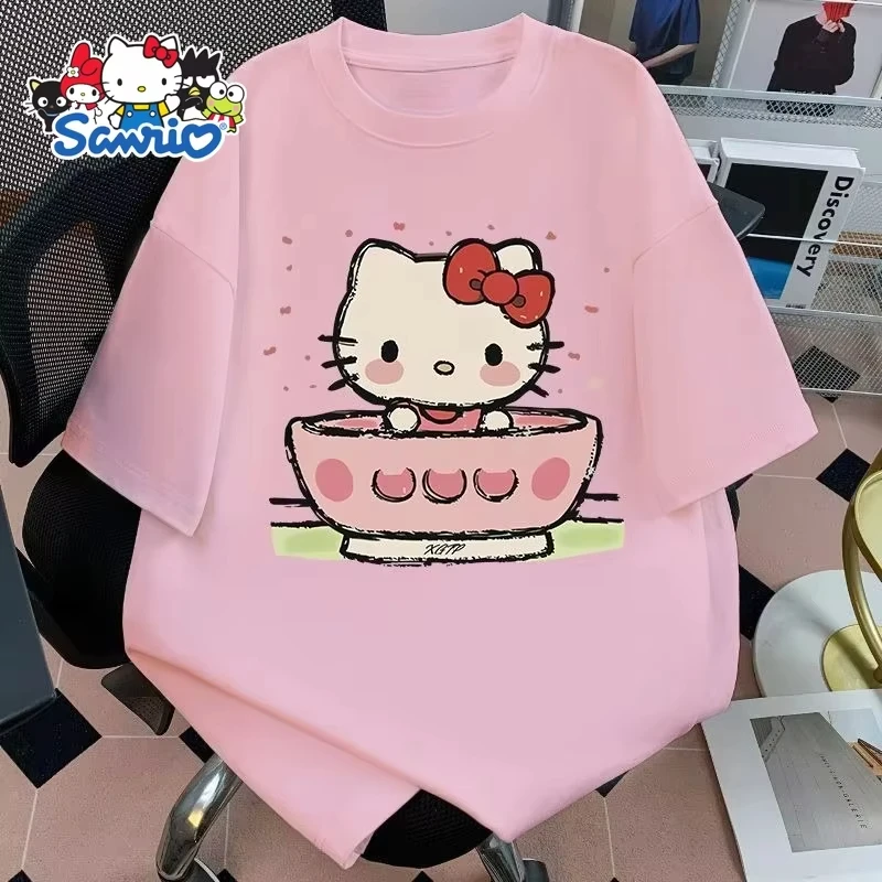 

2025 Autumn New Tea Cup Hello Kitty Original Painted T-shirt Cotton Sanrio Women's Large Loose Street Casual Short Sleeve Top