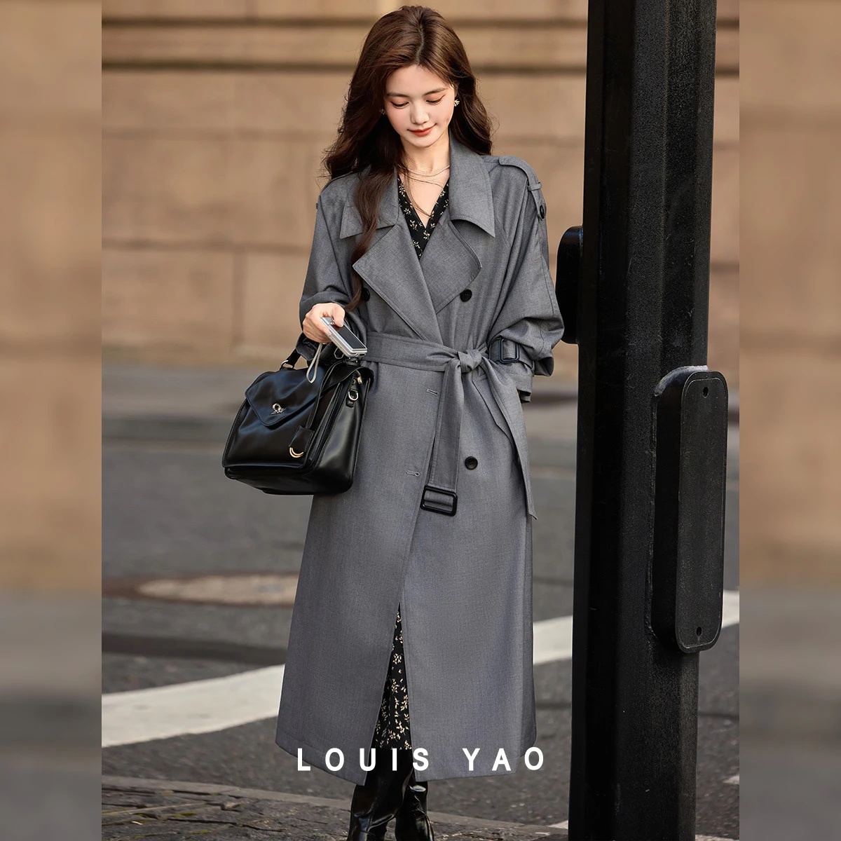 LOUIS YAO Women's Trench Coat 2026 Autumn Solid Color Turn-Down Collar Jackets Office Casual Drop Sleeve Long Coat