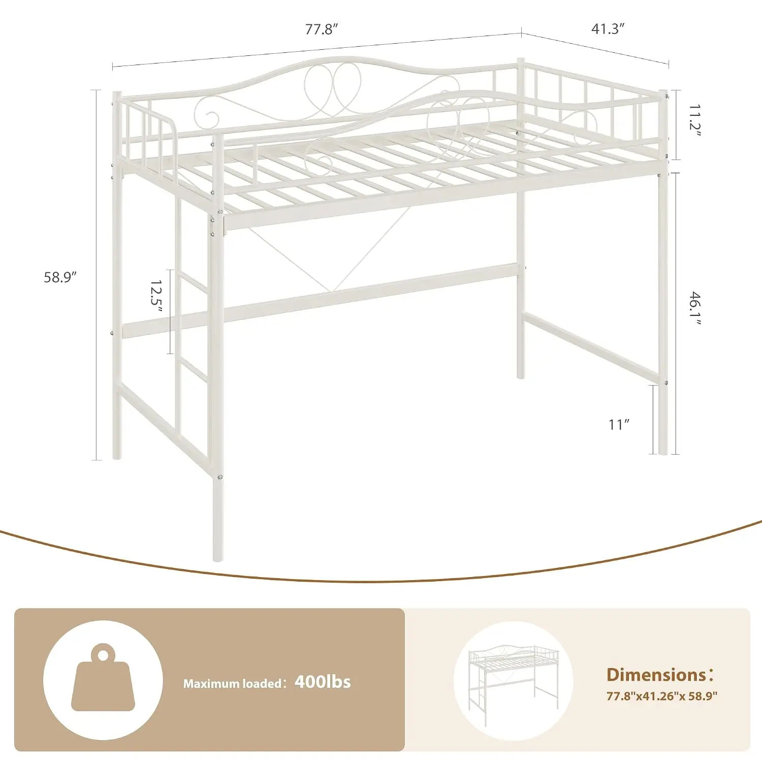 Twin Loft Bed with Ladder & Safety Guardrail for Kids, Heavy Duty Metal Frame, 400 lbs Capacity, Reversible Ladder