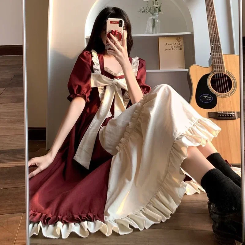 2025 New Sweet College Style Dress Women Student Puff Sleeves Japanese A-line Dress Girl Vintage Long Sleeve Dresses