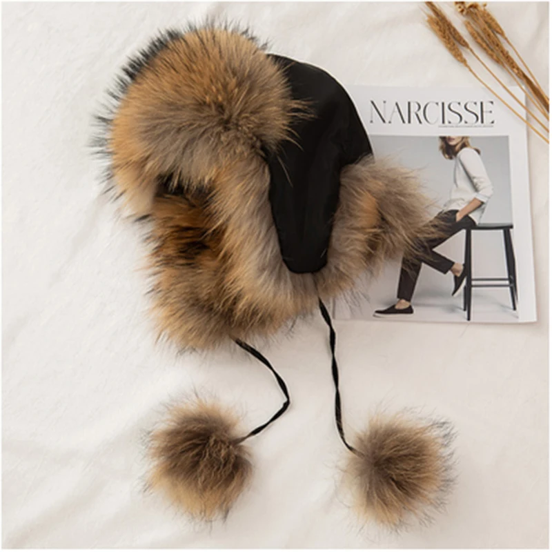 Lady Real Russia Hot Winter Fashion Natural Raccoon Fox Fur Leather Hat Women's Warm