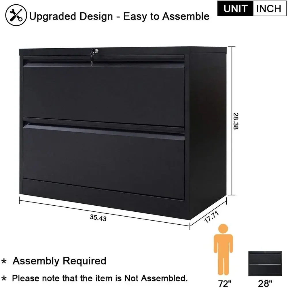 Full Metal Lateral File Cabinet with Lock, 35.43 L x 17.72 W x 28.39 H, Black for Home and Office