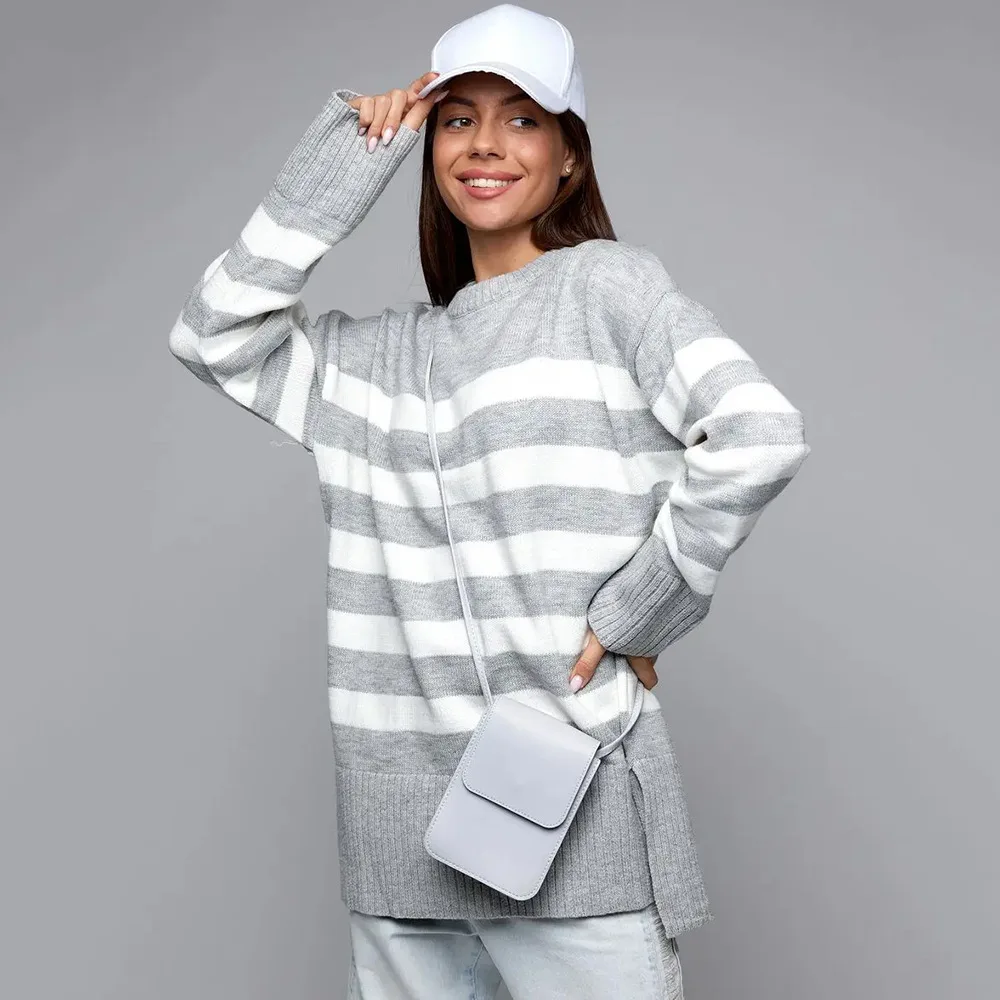 فضفاض سويتر مقلم الروسية Tiktok موقع ئي باي أتمنى البوليستر رايون جولة الرقبة طويلة الأكمام الطازجة الحلو نمط المرأة محبوك سترة #3