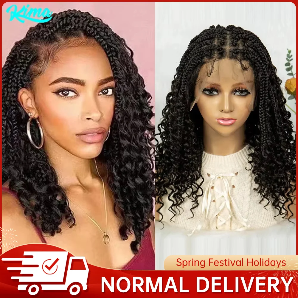 Kima-pelucas trenzadas de caja bohemia corta, peluca con trenzas bohemias, pelo rizado de encaje completo sintético con pelo de bebé para mujeres negras