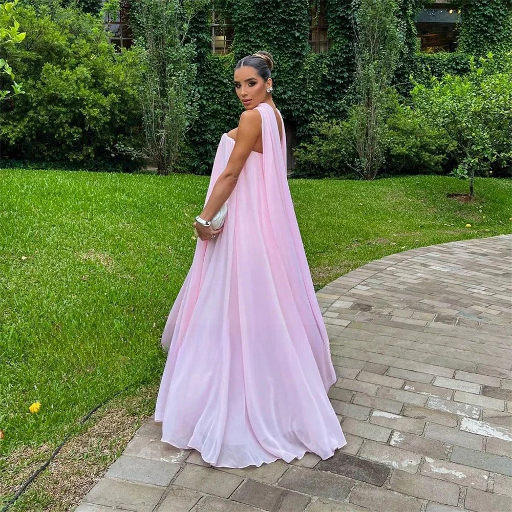 Sansa Elegant Pink Strapless Prom Dresses Chiffon A-line Drapeds Scarf Vestidos de fiesta Sleeveless Ankle-Length Zip فساتين سه