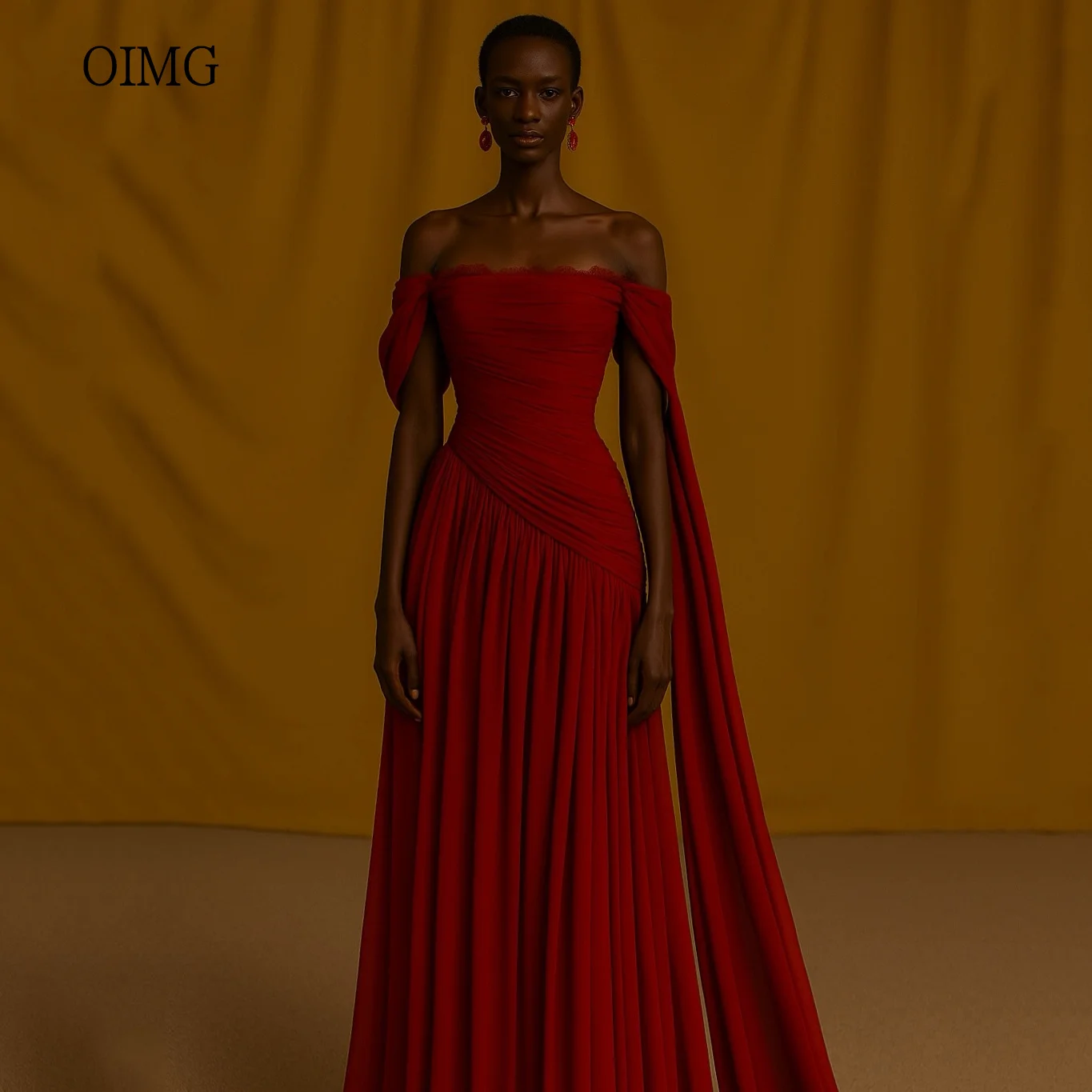 

OIMG Elegant Red Off The Shoulder A Line Prom Gowns Lace Neck Party Gown Floor Length Evening Dress vestidos de gala Customized