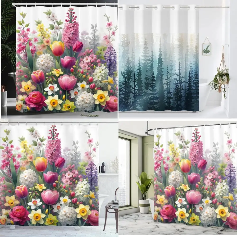 

Весенняя занавеска для душа в джунглях: пышный цветочный и зеленьный дизайн для ванны