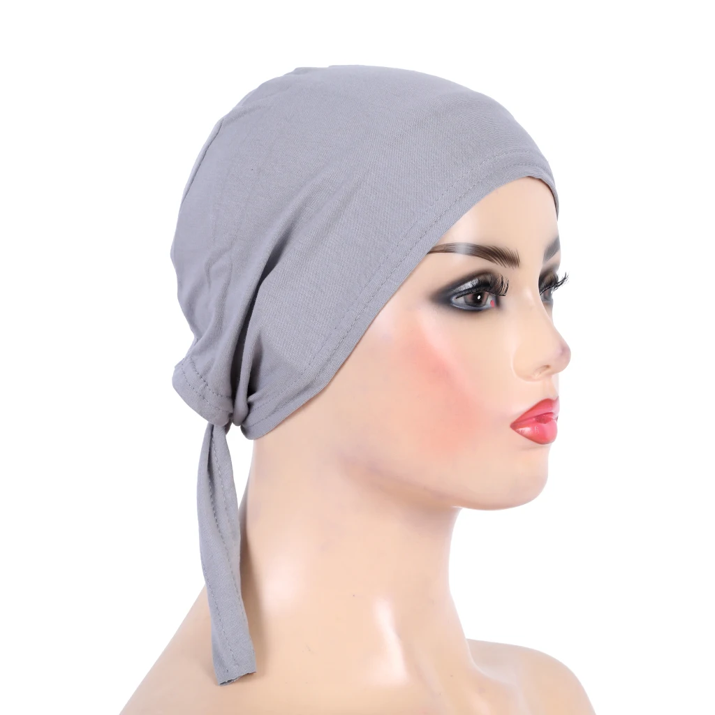 H048 Plain Cotton tie back hats Muslim Turban Pure Color Stretch Inner Hijabs underscarf Women Head Scarf Under Hijab Bonnet