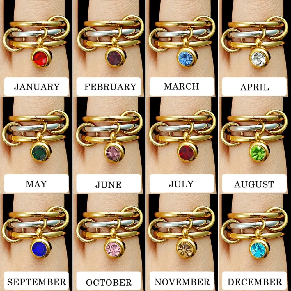 INS-Conjunto de apilamiento de tres anillos de dos colores para mujer, colgante de circón con piedra natal de 12 meses, anillo Spinelli, joyería única para dedo