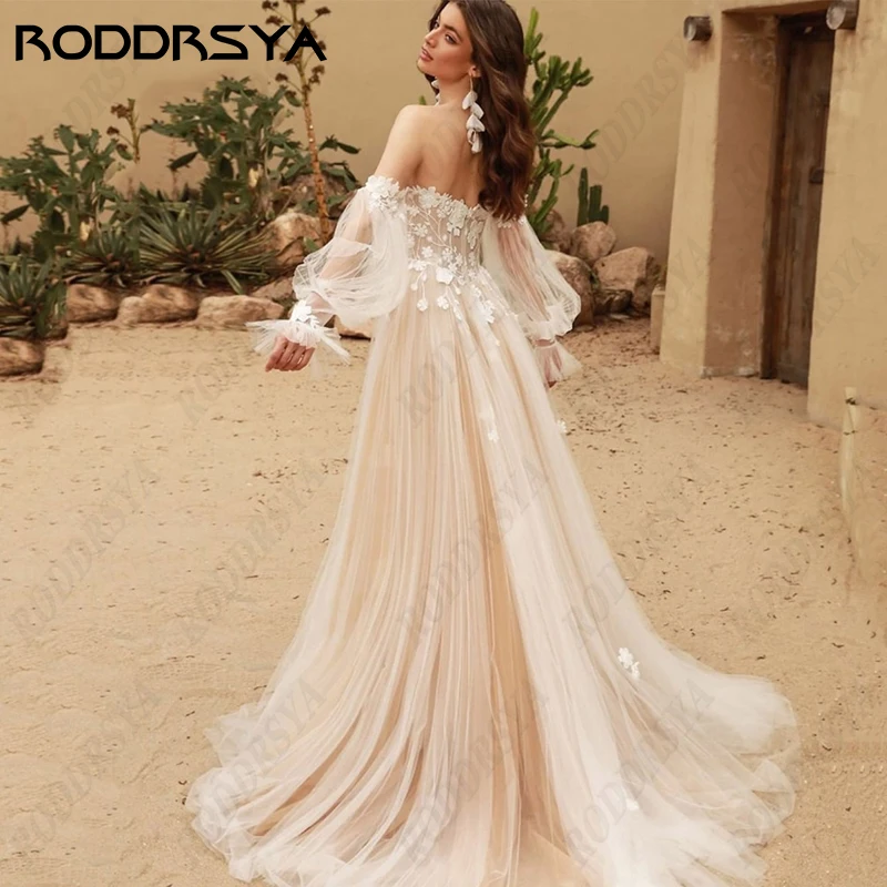 RODDRSYA Boho Strapless Vestido De Noiva Para Mulheres Tule Puffy Mangas V-Neck A Linha Vestido De Noiva Apliques Princesa Robe De Mariée Boho Strapless Vestido De Noiva Para Mulheres Tule Puffy Mangas V-Neck A Linha V