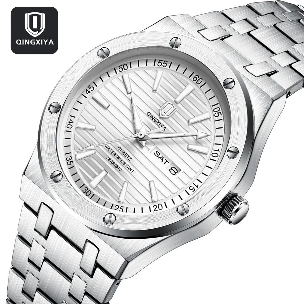 QINGXIYA marque de luxe classique à la mode montre à Quartz pour hommes étanche en acier inoxydable montre-bracelet lumineux semaine Date montre cadeau