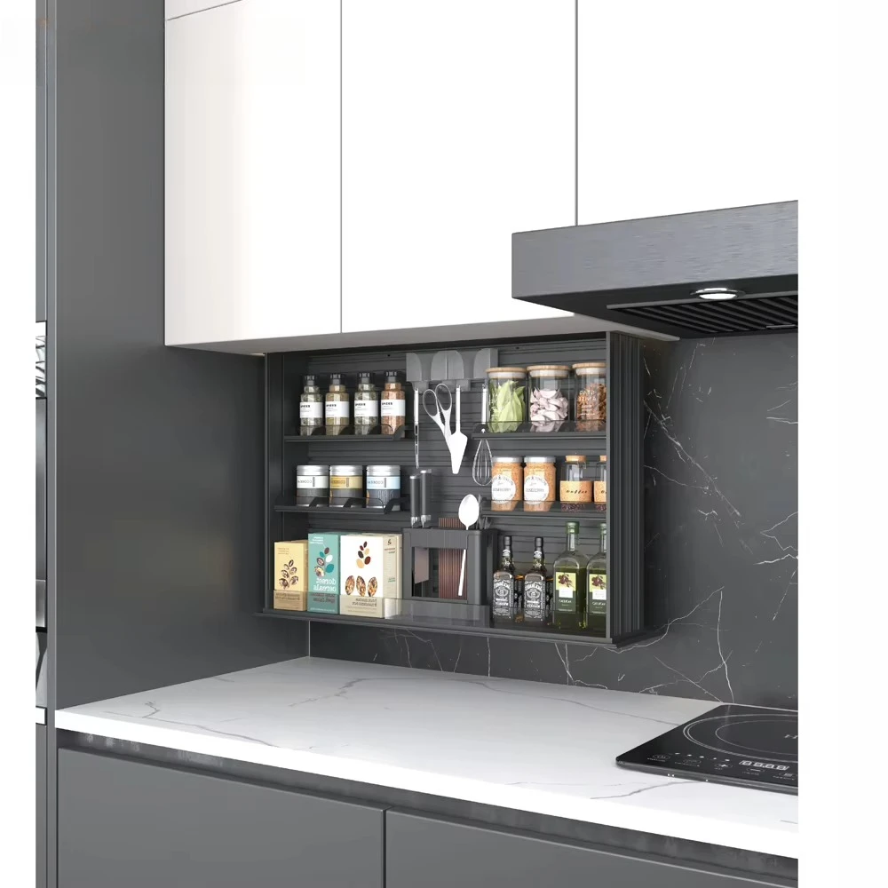 Aluminum Smart Lifting Spice Storage Hanging Kitchen Cabinet Automatic Vertical Mechanism Basket
