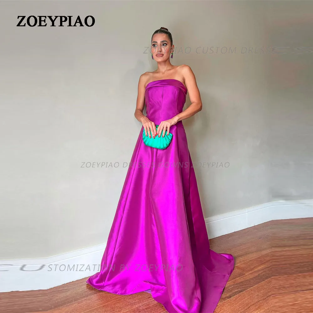 Vestidos de Fiesta de satén sin tirantes para mujer, de línea A vestido de noche, largo, sin mangas, Formal, Simple, para invitados de boda, fucsia, 2024