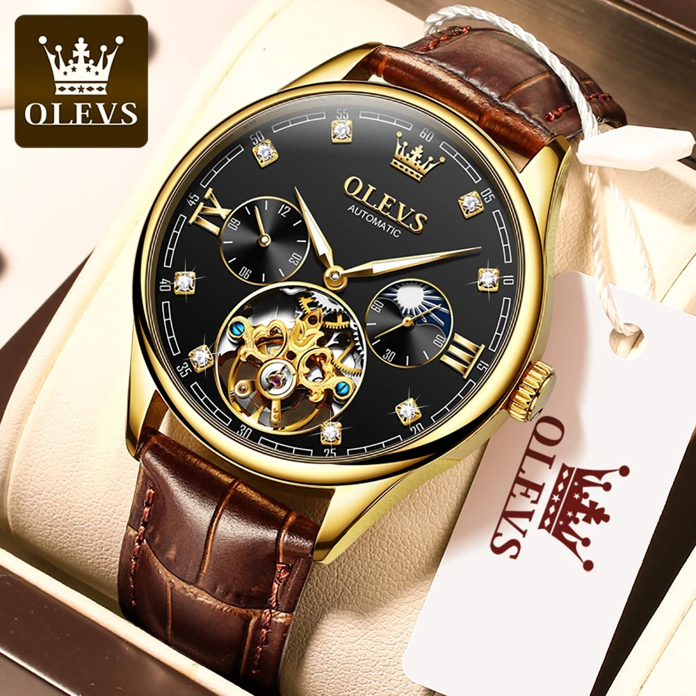 

OLEVS 3601 Mechanical Fashion Watch Gift Round-dial Genuine Leather Watchband Moon Phase Luminous