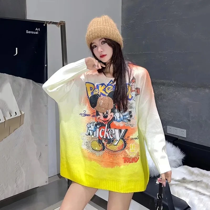 

Oversized Plus Size Crew Neck Knitted Sweater Mickey Mouse Printed Heavy-Duty Rhinestone Chic Trendy Long Sleeve Top