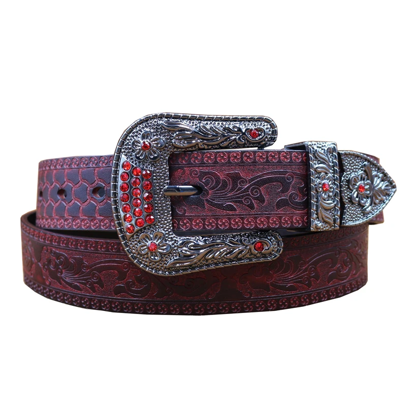 Western Flower Embossed Leather Men Belt Retro Flower Carved Rhinestone Zinc Buckle Women Belt For Jeans