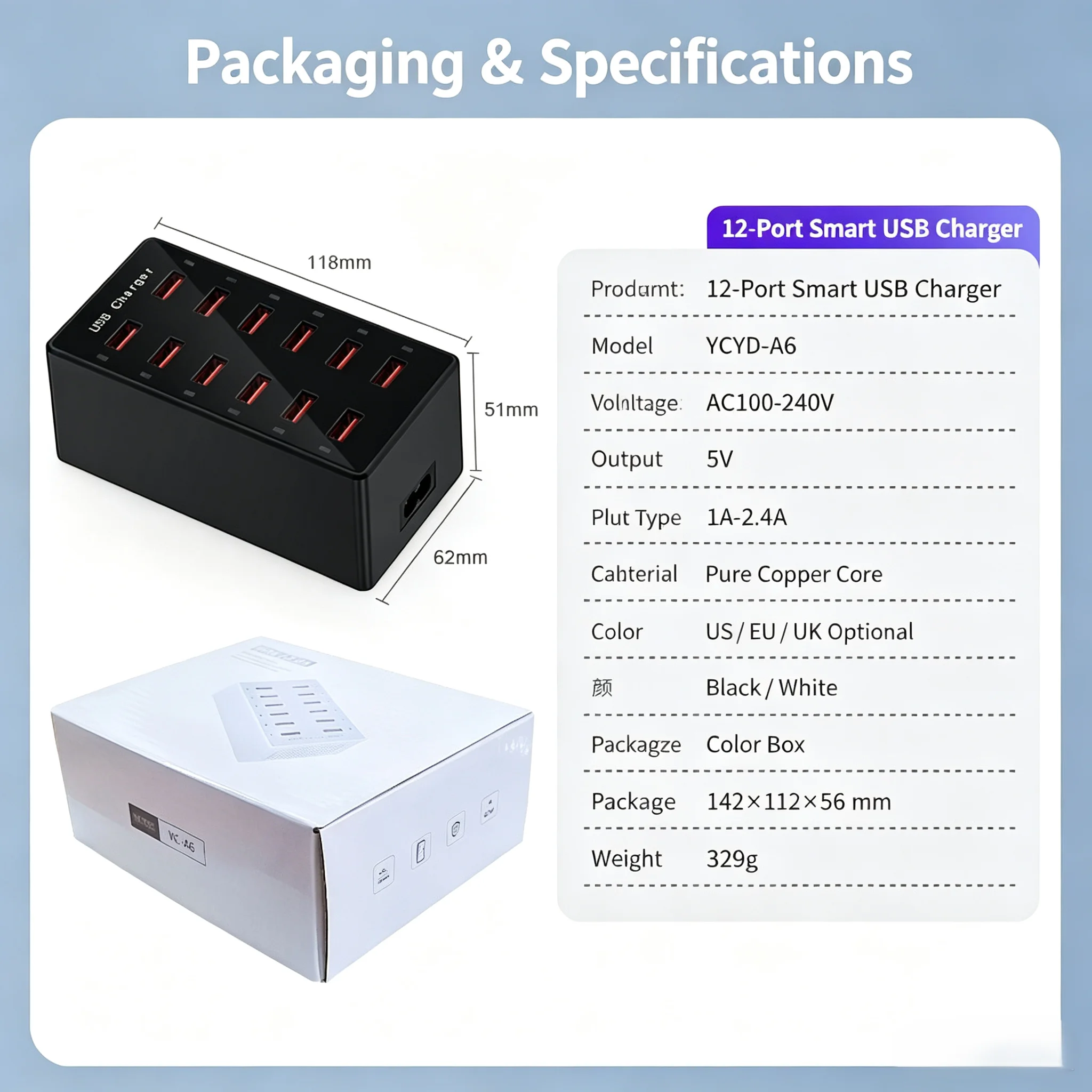 12‑Port USB Charging Station, 5V 2.4A Multi‑Port USB Charger Hub, Smart Current Distribution, Multiple Protection, Fast Charging