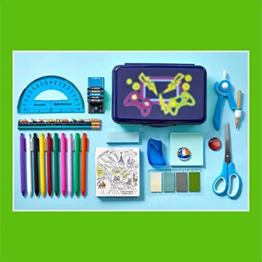 تتضمن مجموعة صناديق القلم الرصاص ومبراة مسطرة من البلاستيك المتين للمكتب المدرسي بتصميم ألعاب أزرق #6
