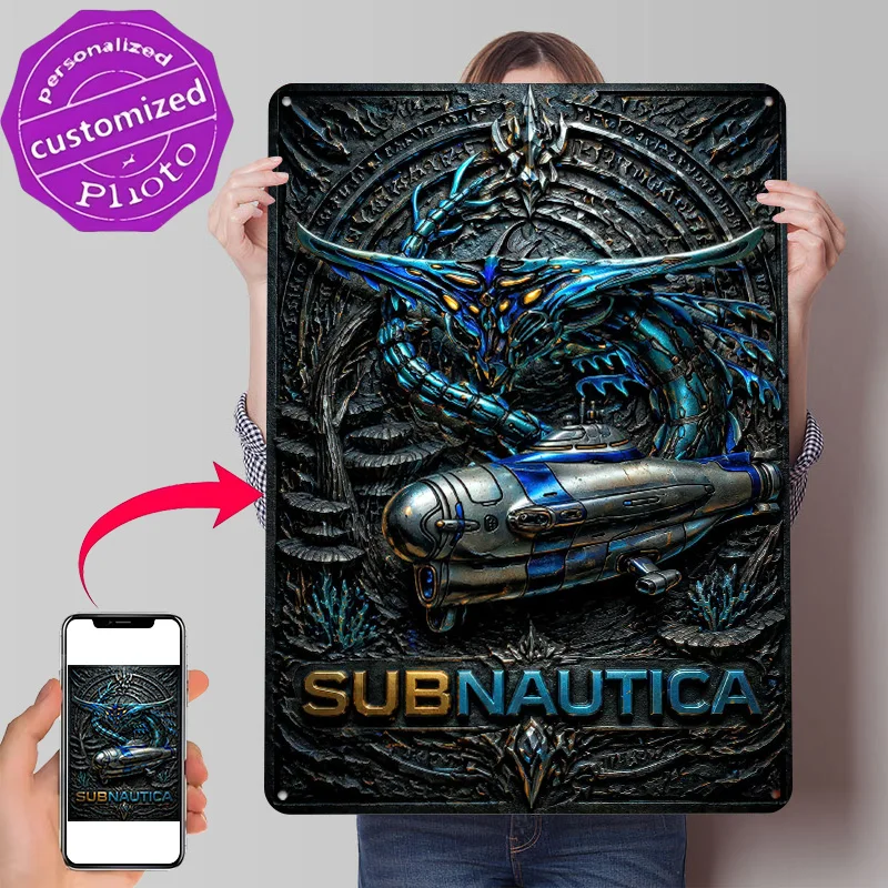 Subnautica Creature and Submarine Relief 3D Printed Texture Poster Personalized Wall Art Retro Metal Tin Signs for Home Decor