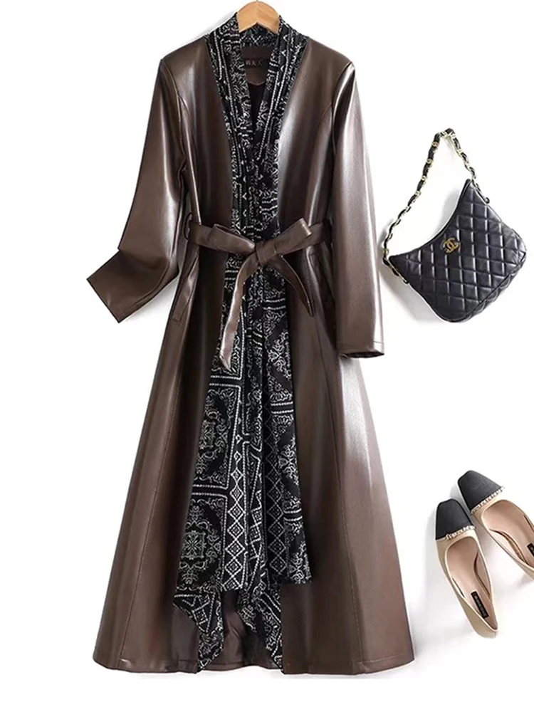 엘레 미디엄 길이 양가죽 가죽 코트 여성용 패셔너블 슬리밍 한국 스타일 봄 가을 신상품 윈드브레이커