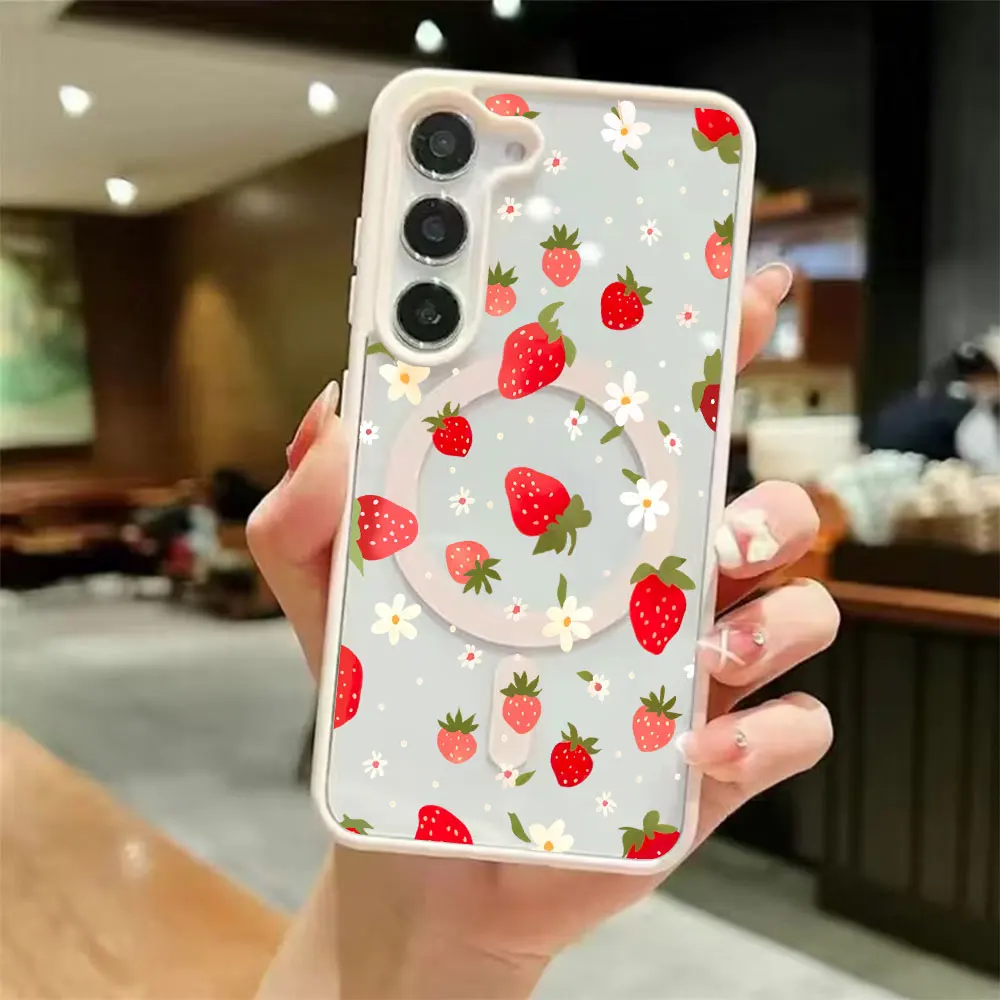 Magnetic Wireless Charging Phone Case For Samsung Galaxy S26 S25 S24 S23 S22 Ultra Plus FE 5G Strawberry Flower Print Back Cover - view 2