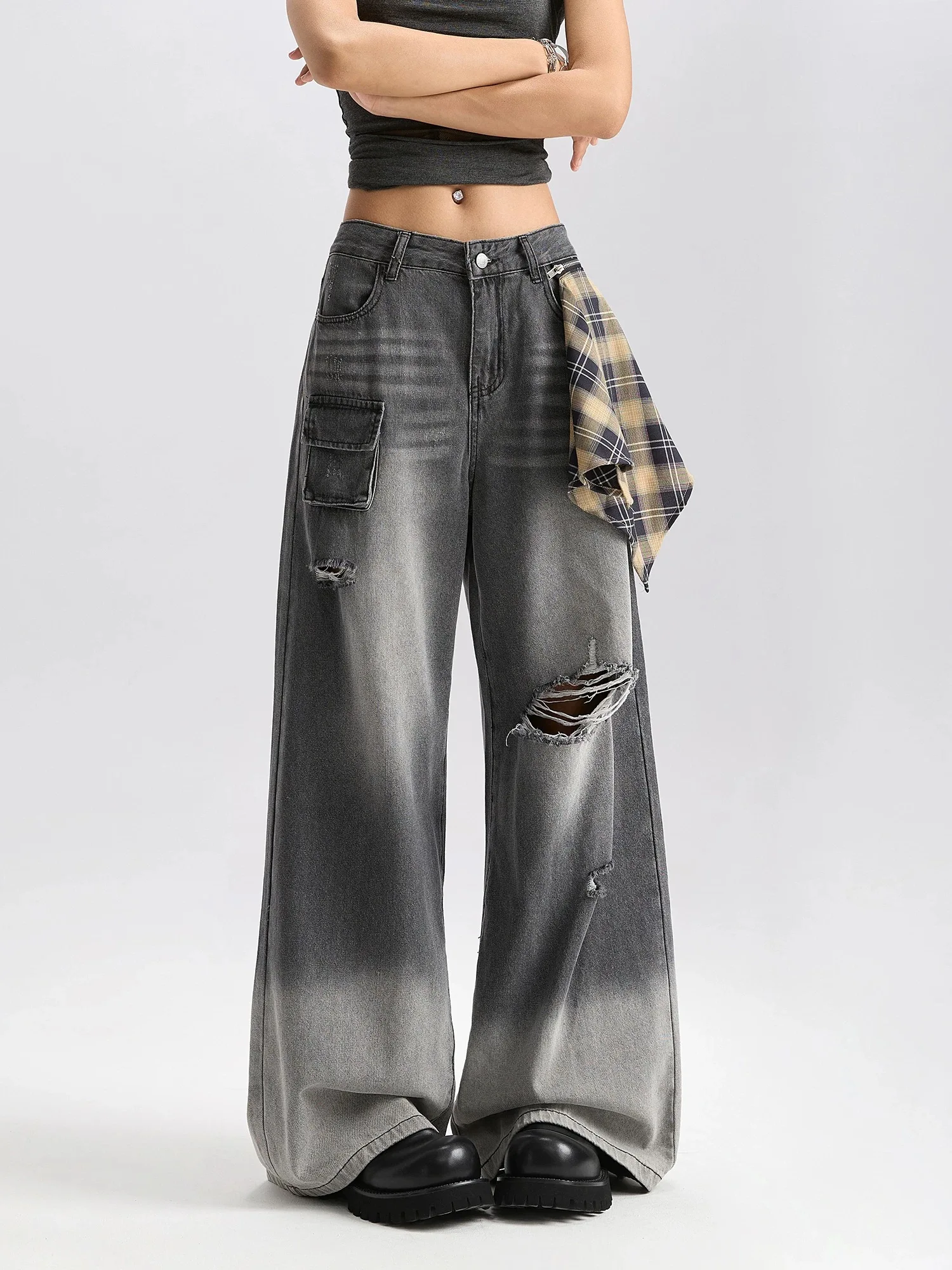 Y2K – jean à jambes larges pour femmes, pantalon rétro américain avec rideau de pet, noir et gris, ample, jambe droite, longueur au sol, nouvelle collection automne