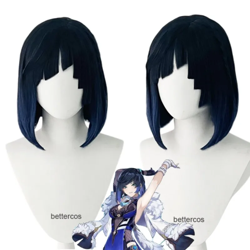 

Game Yelan Wig Gradient Dark Blue Short Cosplay Wigs With Braids Heat Resistant Hair Wigs + Free Wig Cap