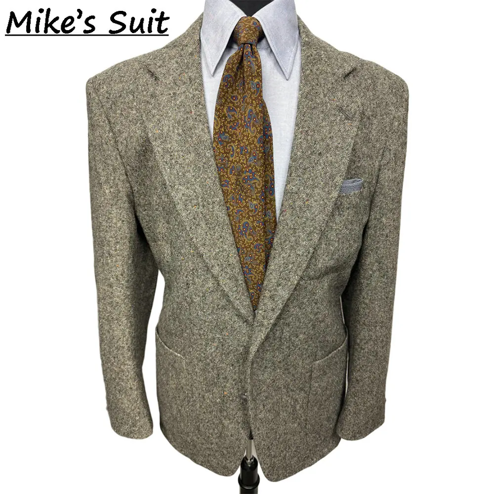Men One Button Notch Lapel Blazer, Light Coffee Multi Fleck Speckled Wool Tweed Fabric, Country Hunting Wedding Daily Jacket